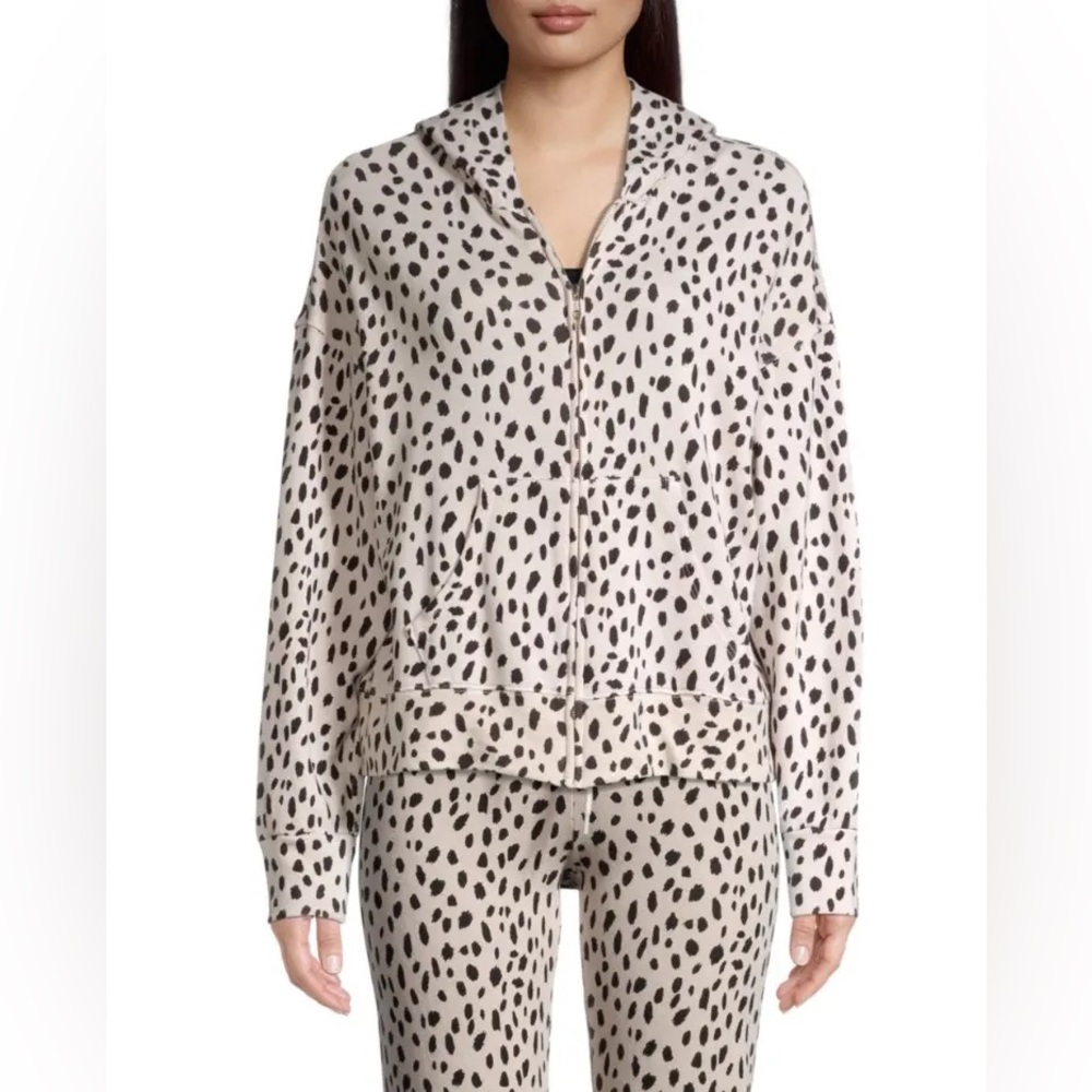 Monrow Cropped Boxy Zip-Up Hoodie Sweatshirt Animal Print